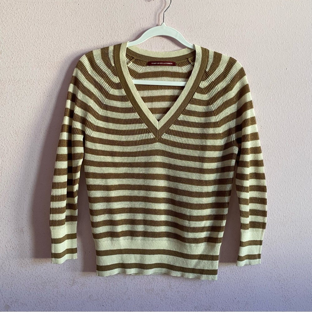 Comptoir Des Cotonniers 100% Linen Purl Knit V-Neck Quiet Luxury Stripe Sweater